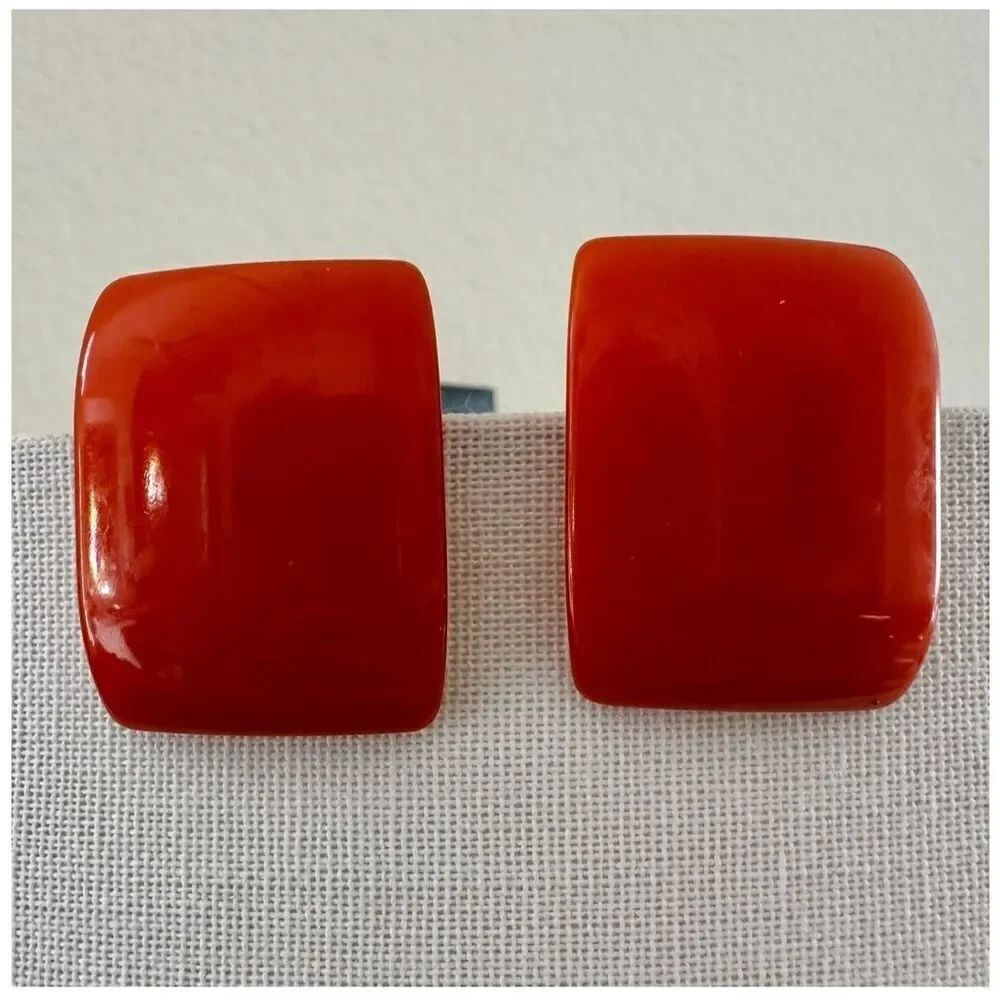 Bakelite Bold Orange rectangular clip on Earrings